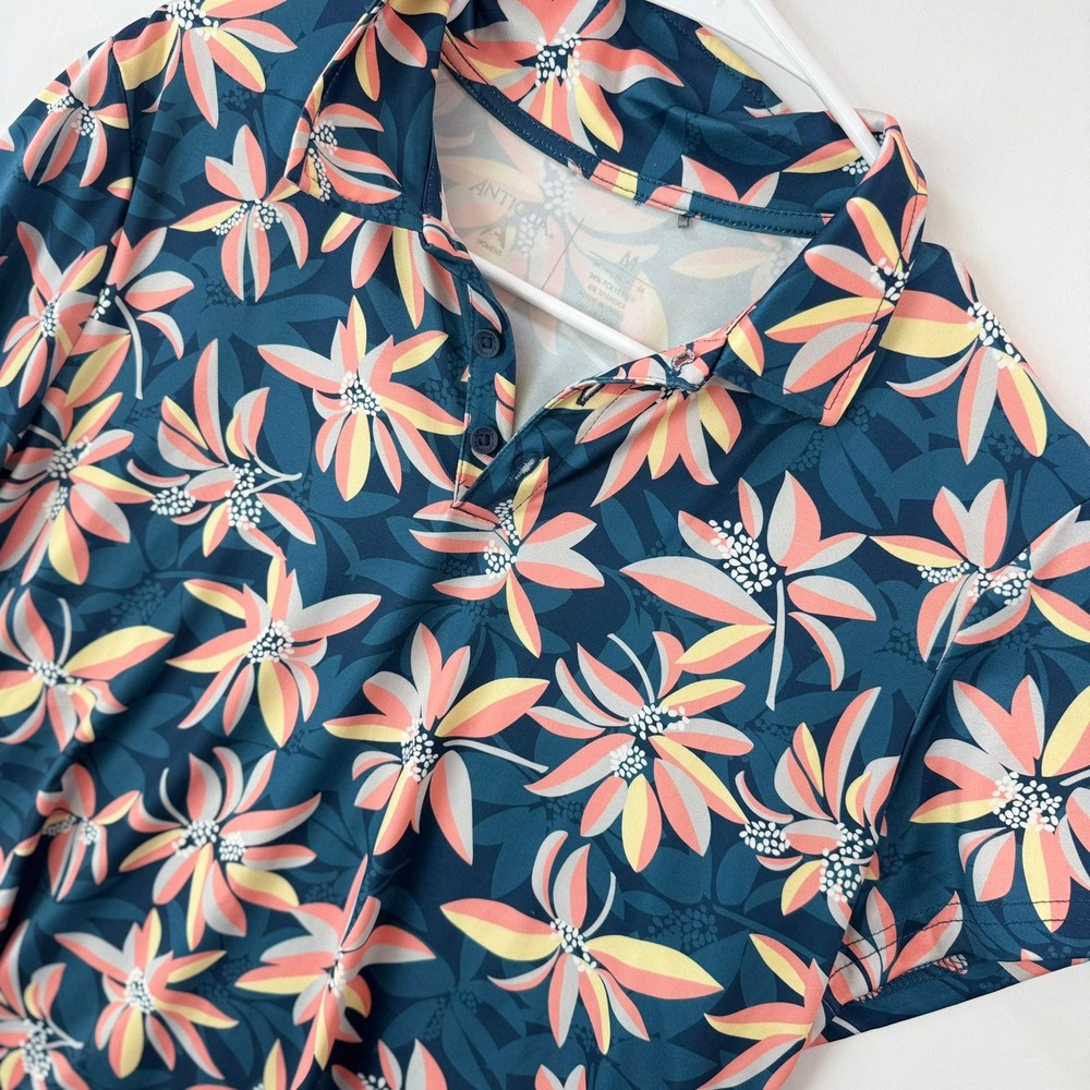 Antigua Women Navy Blue Floral Performance Golf Polo Shirt Size Medium Short Slv